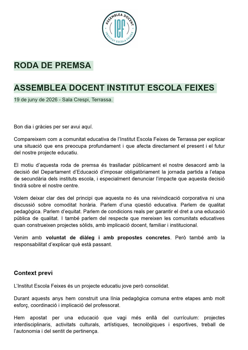 PlataformaIE's tweet photo. RODA DE PREMSA ASSEMBLEA DOCENT INSTITUT ESCOLA FEIXES @IFeixes 
19 de juny de 2026 - Sala Crespi, Terrassa https://t.co/ILr1fFqQsI