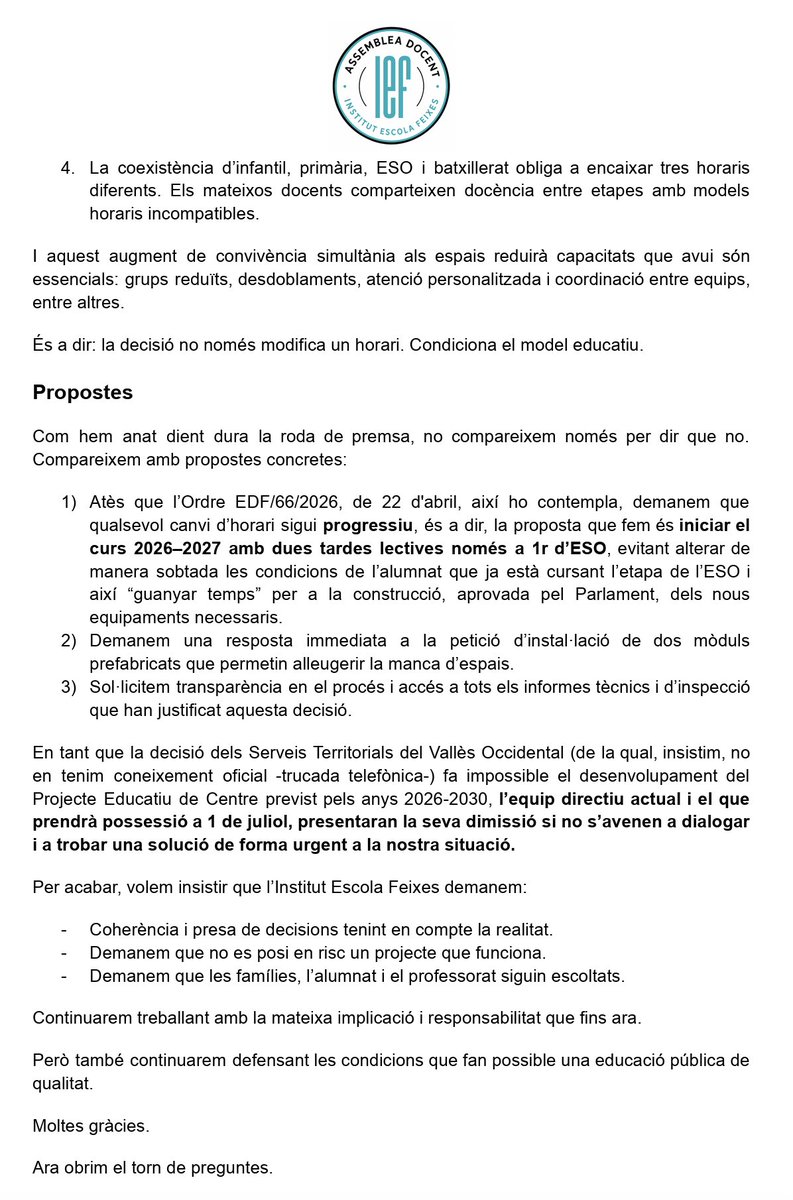 PlataformaIE's tweet photo. RODA DE PREMSA ASSEMBLEA DOCENT INSTITUT ESCOLA FEIXES @IFeixes 
19 de juny de 2026 - Sala Crespi, Terrassa https://t.co/ILr1fFqQsI