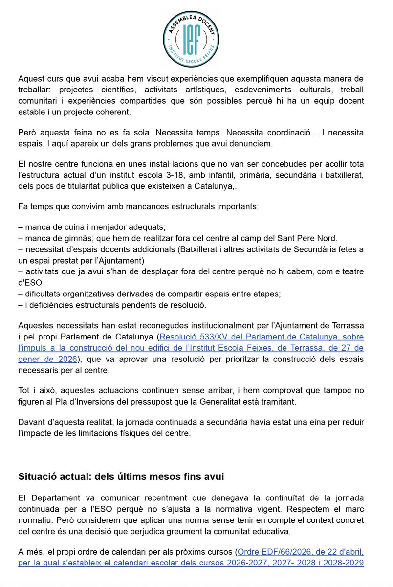 PlataformaIE's tweet photo. RODA DE PREMSA ASSEMBLEA DOCENT INSTITUT ESCOLA FEIXES @IFeixes 
19 de juny de 2026 - Sala Crespi, Terrassa https://t.co/ILr1fFqQsI