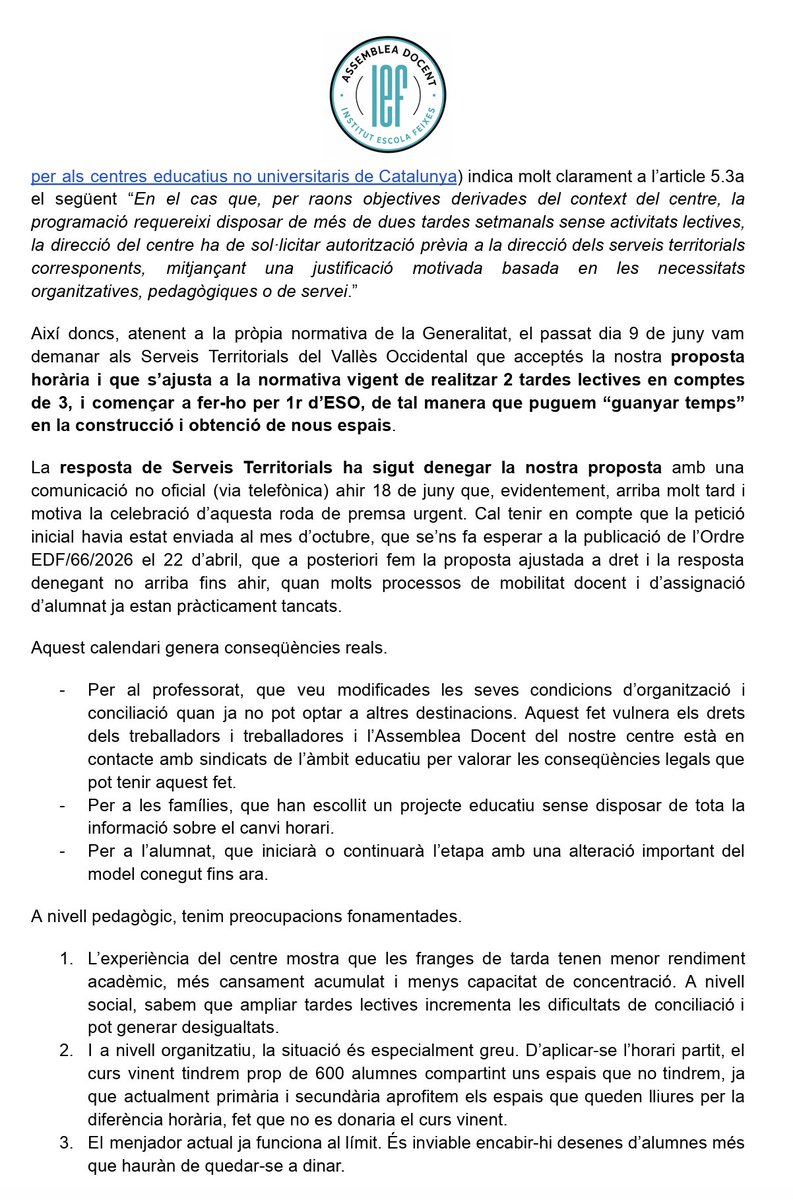 PlataformaIE's tweet photo. RODA DE PREMSA ASSEMBLEA DOCENT INSTITUT ESCOLA FEIXES @IFeixes 
19 de juny de 2026 - Sala Crespi, Terrassa https://t.co/ILr1fFqQsI