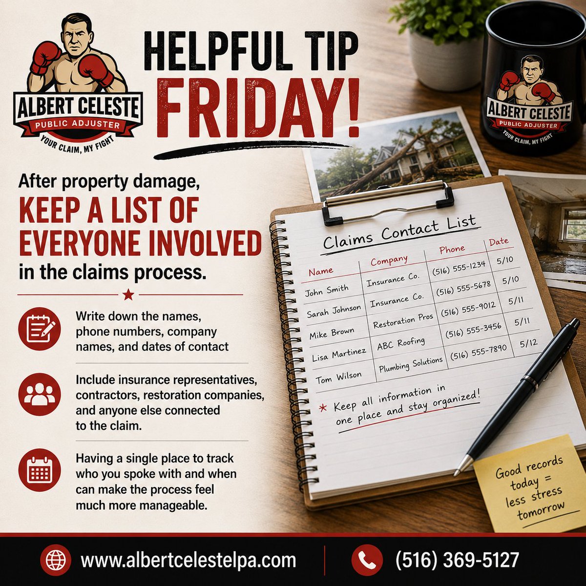 albertceleste1's tweet photo. After property damage, keep a list of everyone involved in your claim, including insurance representatives, contractors, and restoration companies. Tracking names, contact information, and conversation dates can help keep the process organized.
https://t.co/yh9N9J112T https://t.co/4JPZlKchVT