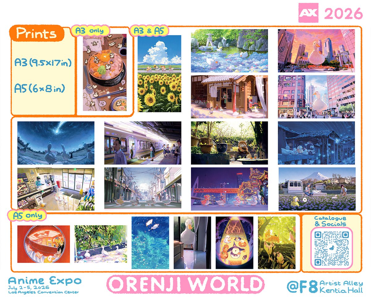 orenjikunArt's tweet photo. Hello friends, here's my catalogue for Anime Expo! It's my first time so I'm very excited to see all of you there! 🦆✨✨

📍Table F8, Artist Alley Kentia Hall https://t.co/L79ZQH9A7L