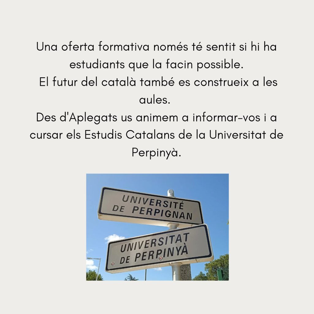 Aplegats's tweet photo. 🙋🏻🙋🏻‍♀️🙋🏻‍♂️ Una oferta formativa només té sentit si hi ha estudiants que la facen possible.

🗣️👅🏫 El futur del català també es construïx en les aules.

💙📘 Des d’@Aplegats vos animem a informar-vos i a cursar els Estudis Catalans de la Universitat de Perpinyà. https://t.co/vhWgP5mmEM