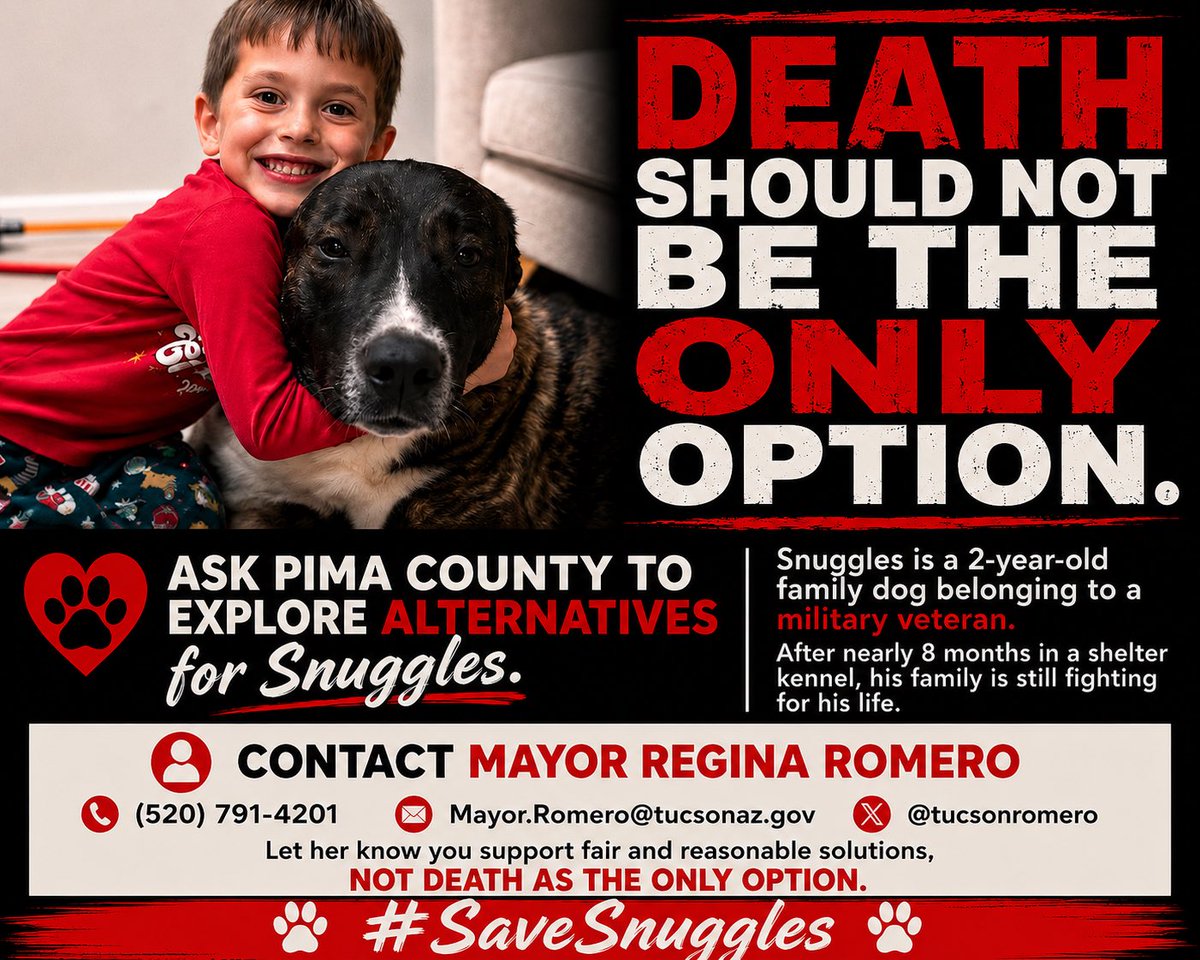 LoneStarChica's tweet photo. One of the reasons we were successful in the #SaveHachi and #SaveJack cases was because concerned citizens made their voices heard. We contacted public officials and made it clear that we do not believe euthanasia should be the automatic outcome for a first time incident.

Today, let's share that same message with Mayor Regina Romero. Let her know that you support fair and reasonable solutions, not death as the only option.

Snuggles is a 2-year-old family dog. His dad is a military veteran, and he has a mom and two small kids waiting at home for him.

He has now spent nearly 8 months sitting in a shelter kennel while his family fights to save his life.

Yet the government continues to pursue euthanasia.

No matter where you stand on this case, we should all be asking whether other options were ever seriously considered, like a secure harness, a muzzle when needed, stronger fencing, additional containment, behavioral management, and supervised handling.

There are ways to protect the public without killing Snuggles.

📧 Mayor.Romero@tucsonaz.gov 📞 520-791-4201 𝕏 @tucsonromero

Please be courteous when reaching out. Every voice matters.
#SaveSnuggles