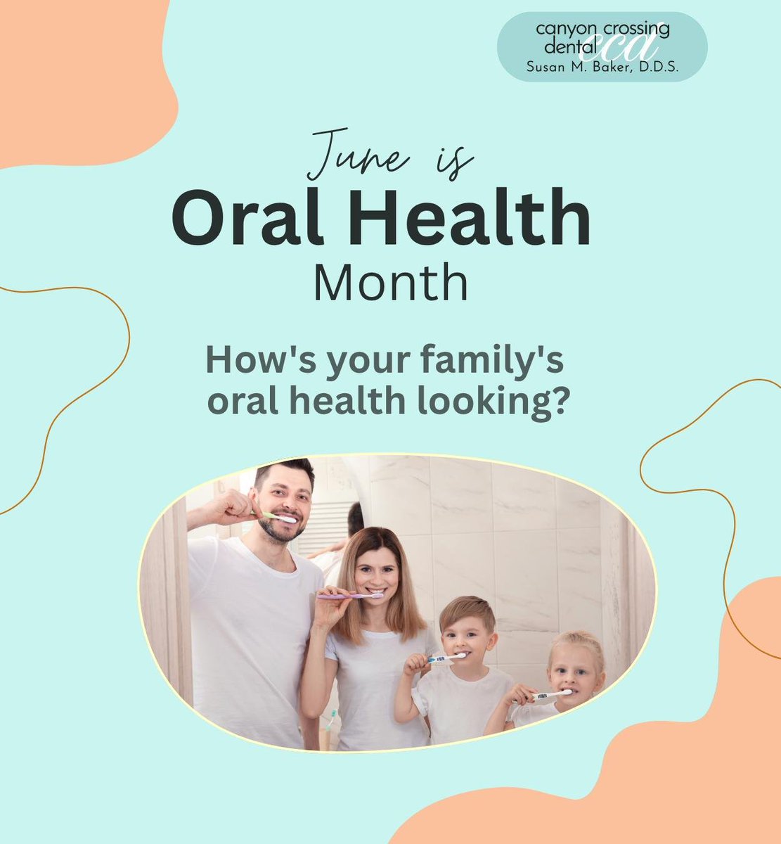 DrSusanBakerC's tweet photo. This June, we’re focusing on the importance of a healthy smile and how it impacts your family’s overall well-being. Book your family's dental appointment today to maintain good oral health.
.
.
.
.
#oralhealthmonth #dentalcare #CanyonCrossingDental #Ivins #UT https://t.co/4ZqO7wVIdJ