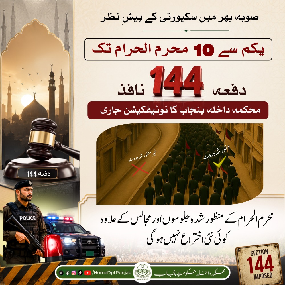 homedptpunjab's tweet photo. امن و امان کے قیام اور مذہبی ہم آہنگی کے فروغ کیلئے پنجاب بھر میں یکم تا 10 محرم الحرام تک دفعہ 144 نافذ کردی گئی۔ 
#Punjab #Home #Safety #Security #Muharram2026  #Section144 #LawAndOrder #SafePunjab https://t.co/T6gyrhq0gC