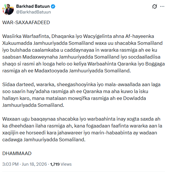 Guntigaab's tweet photo. 🚨 IMPORTANT ALERT FOR ALL SOMALILANDERS 🚨

Please get news and information only from reliable official sources. Do not trust or share rumors and unverified reports.

Follow this guidance of the Ministry of Information, Culture & National Guidance of Somaliland.

There is no need for a special instruction to teach any specific language.

 Multiple languages are already studied in Somaliland. This message is not against or offensive to any language.

⚠️ Verify before you share. Follow official channels only. ⚠️