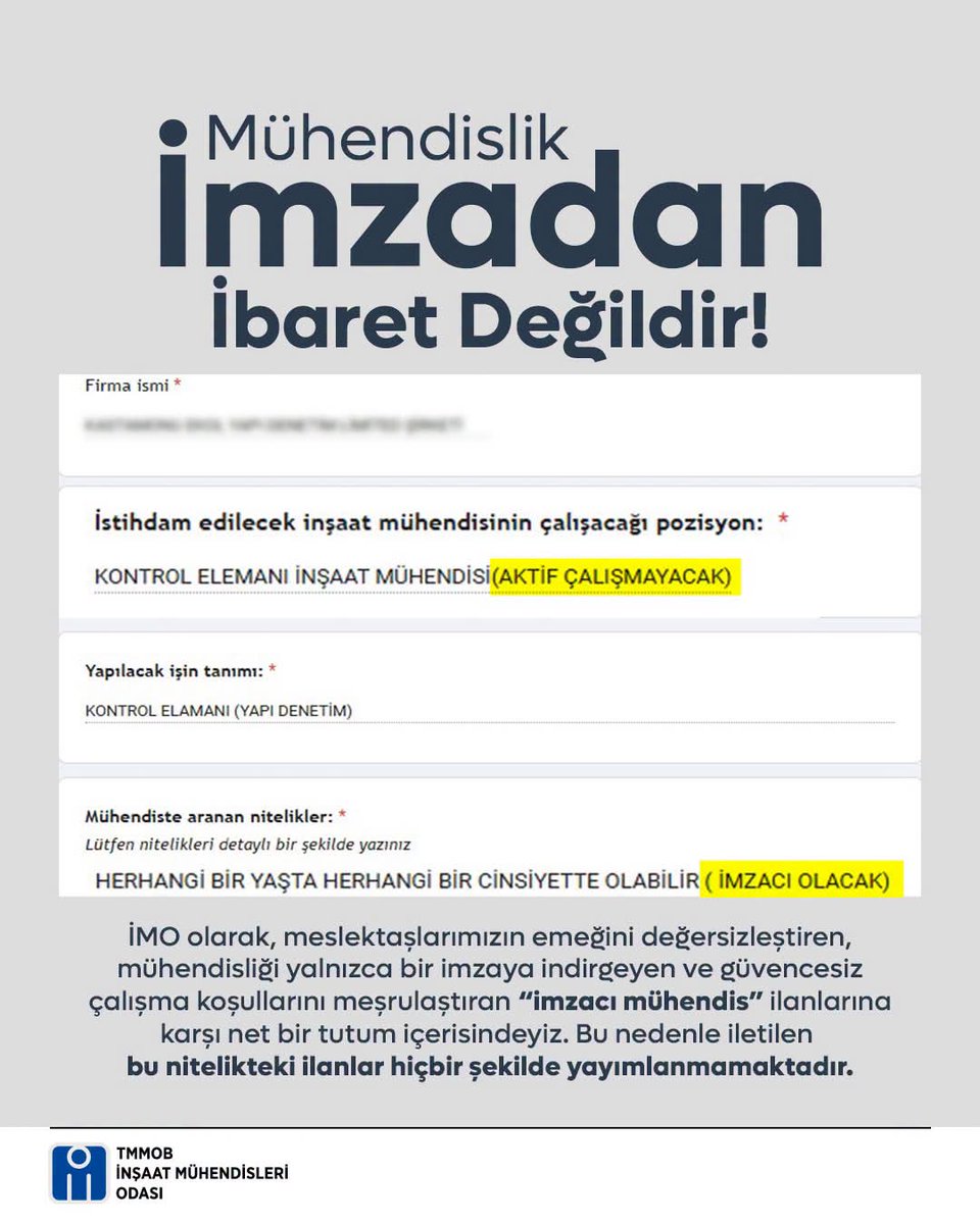 42_imo's tweet photo. ❗️Mühendislik İmzadan İbaret Değildir!

📌İnşaat Mühendisleri Odası olarak, mesleğimizi yalnızca bir imzaya indirgeyen ve mühendis emeğini değersizleştiren "imzacı mühendis" ilanlarına karşı net bir duruş sergiliyoruz.

https://t.co/gGuFo9QwYH https://t.co/JInc97NutM