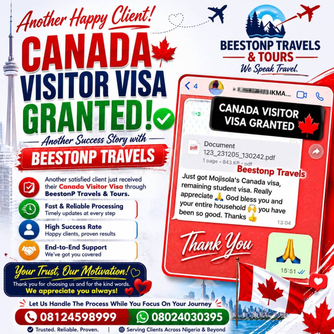 AndBeestonp's tweet photo. 🇨🇦 CANADA VISITOR VISA GRANTED! 🎉

Another success story with Beestonp Travels &amp; Tours!

Nothing makes us happier than receiving messages like this from our satisfied clients. Congratulations to our client on the successful approval of their Canada Visitor Visa! https://t.co/vlVdcnC1Eu