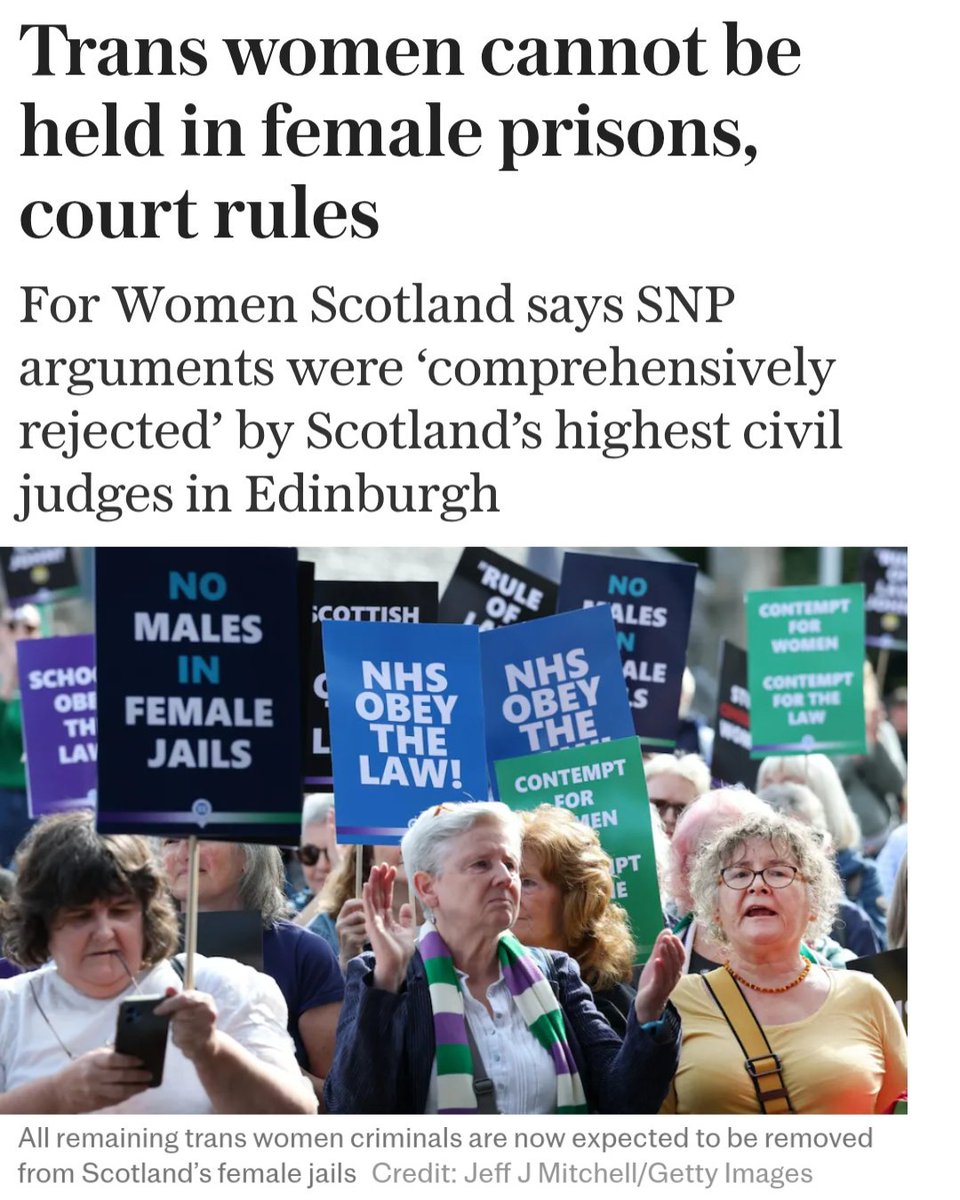 Wommando's tweet photo. ⚠️📢 MEN CANNOT BE HELD IN WOMEN'S PRISONS, court rules

Scotland’s highest civil court has ruled that SNP policy of allowing some men who pretend to be women to serve sentences in female jails is unlawful.

Any remaining men from Scotland’s female prisons MUST NOW BE REMOVED https://t.co/mRVRllm9AN
