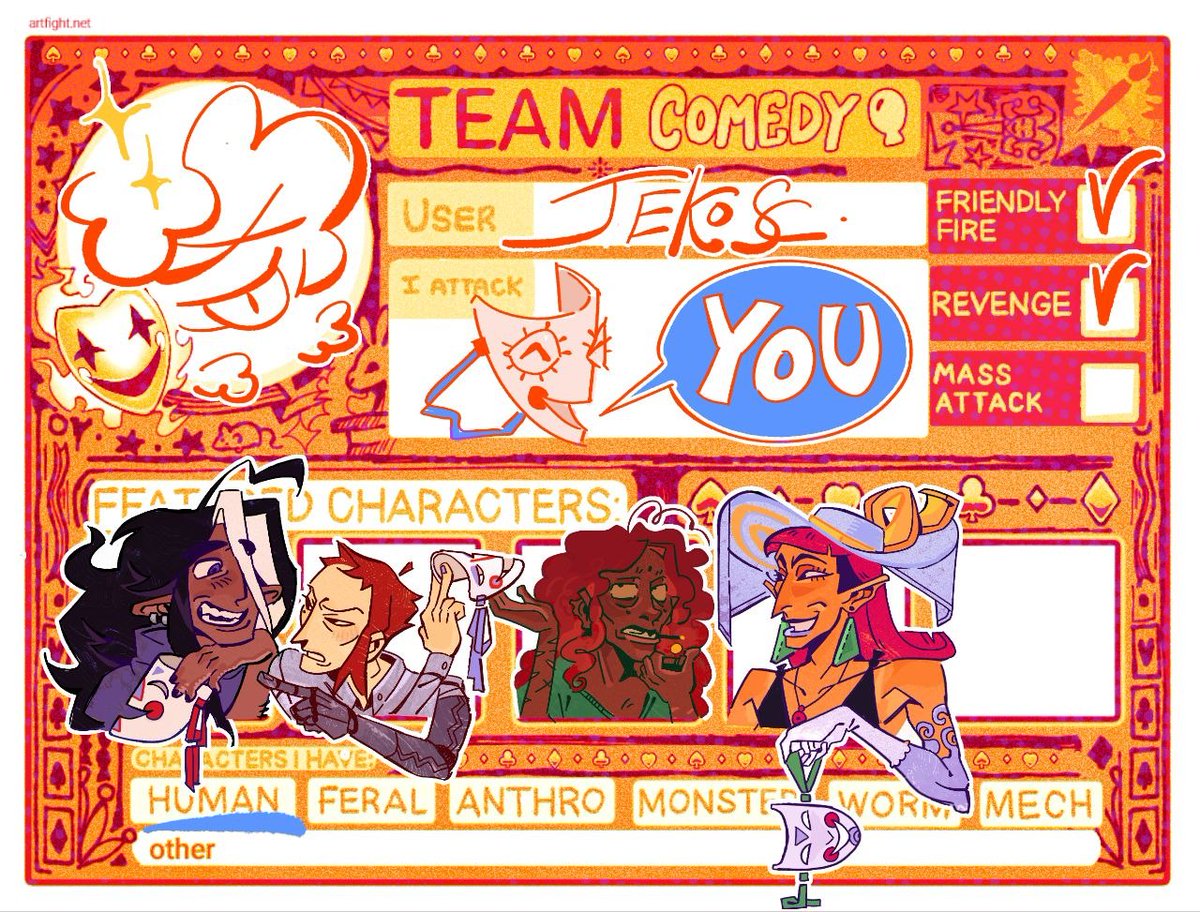 JEKOSC28's tweet photo. That post was a wip but I already done my card and account!!
Here's it:>
I will glad to see all of you and fight!

#artfight https://t.co/crVVDQsKEt