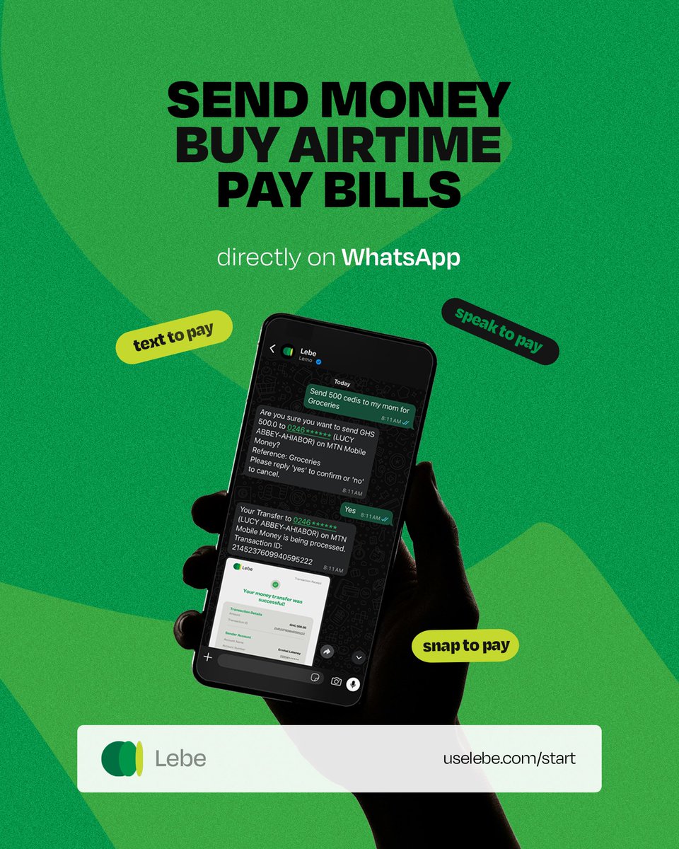 trylebe's tweet photo. Send money, buy airtime, and pay bills directly on WhatsApp. 📲
Just send hi to Lebe to start. 😊
https://t.co/HwbmCGEW7s
#sendmoney #paybills #lebe #momo https://t.co/3XUWSdp8b1