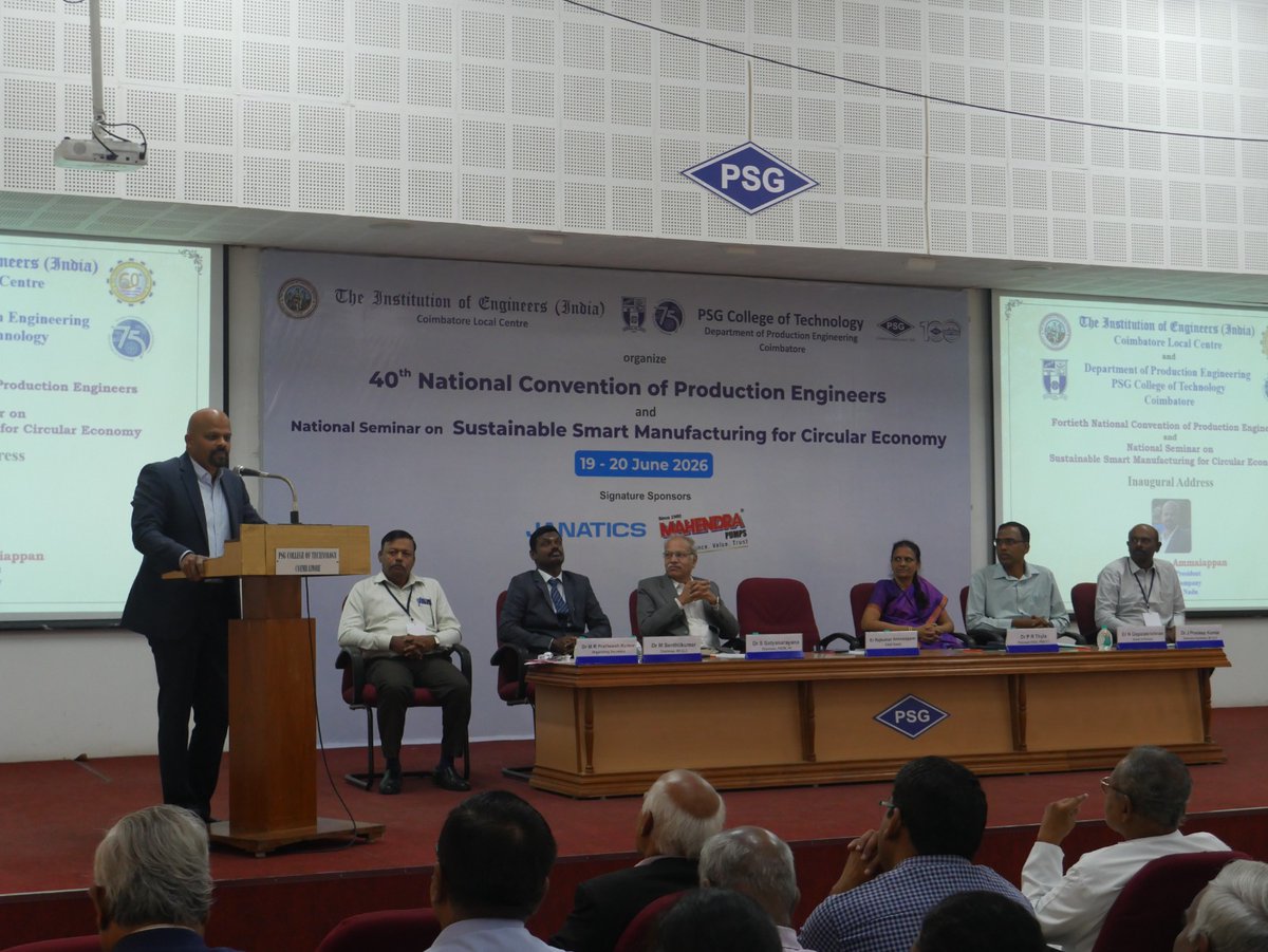 PSGInstitutions's tweet photo. On 19 June 2026, PSG Tech inaugurated 40th National Convention of Production Engineers &amp; National Seminar on Sustainable Smart Manufacturing for Circular Economy.

150 delegates from academia, industry &amp; research are participating in the two-day event.

#PSGandSonsCharities https://t.co/BPaJfsUeVi