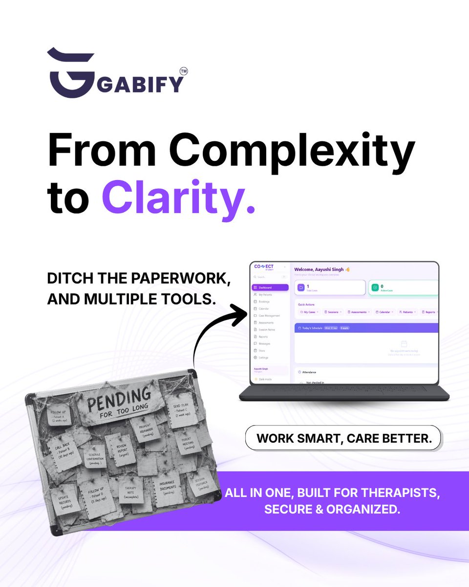Gabify_life's tweet photo. 💜Turn complexity into clarity with Gabify. Say goodbye to paperwork, scattered tools, and endless admin tasks.

 #HealthcareInnovation #PracticeManagement #WorkSmartCareBetter https://t.co/R9MBr1tZRH