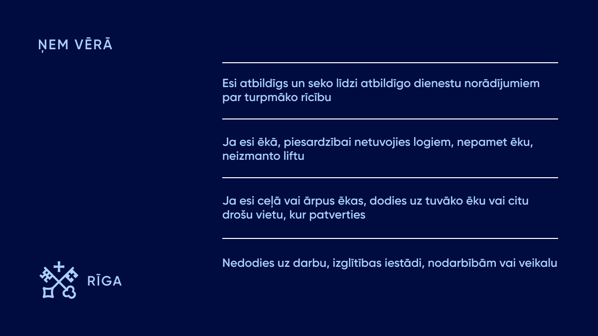 RigasDome's tweet photo. Kā rīkoties, saņemot paziņojumu par gaisa apdraudējumu, bet neatrodoties tiešā apdraudējumā? Dzeltenais brīdinājums nozīmē, ka pastāv potenciāls apdraudējums, taču arī šādā gadījumā ir jāņem vērā vairāki nosacījumi. Ja saņem dzelteno brīdinājumu, esi atbildīgs un seko līdzi atbildīgo dienestu norādījumiem par turpmāko rīcību. Vairāk: https://t.co/bRblRG5VuY