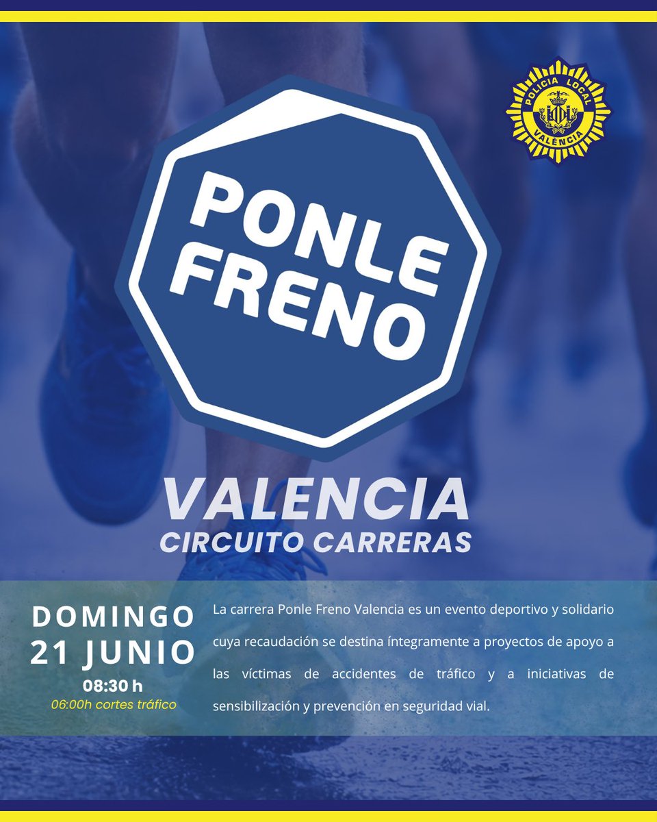 policialocalvlc's tweet photo. 🏃‍♀️#PonleFrenoValencia | 21 de junio | 🕣08:30 h.
📍Paseo de la Alameda. 
🚫 Restricción de estacionamiento desde el sábado 20 a las 14:00 h en la zona Alameda. 
⭕️  Cortes de tráfico el día de la prueba desde las 06:00 h. https://t.co/XH4Gs59kMl