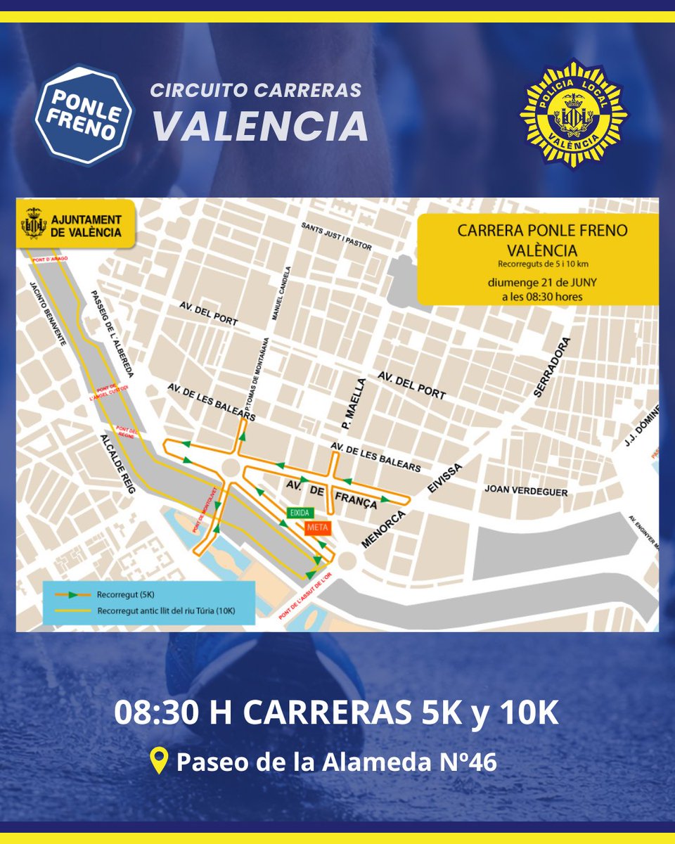 policialocalvlc's tweet photo. 🏃‍♀️#PonleFrenoValencia | 21 de junio | 🕣08:30 h.
📍Paseo de la Alameda. 
🚫 Restricción de estacionamiento desde el sábado 20 a las 14:00 h en la zona Alameda. 
⭕️  Cortes de tráfico el día de la prueba desde las 06:00 h. https://t.co/XH4Gs59kMl