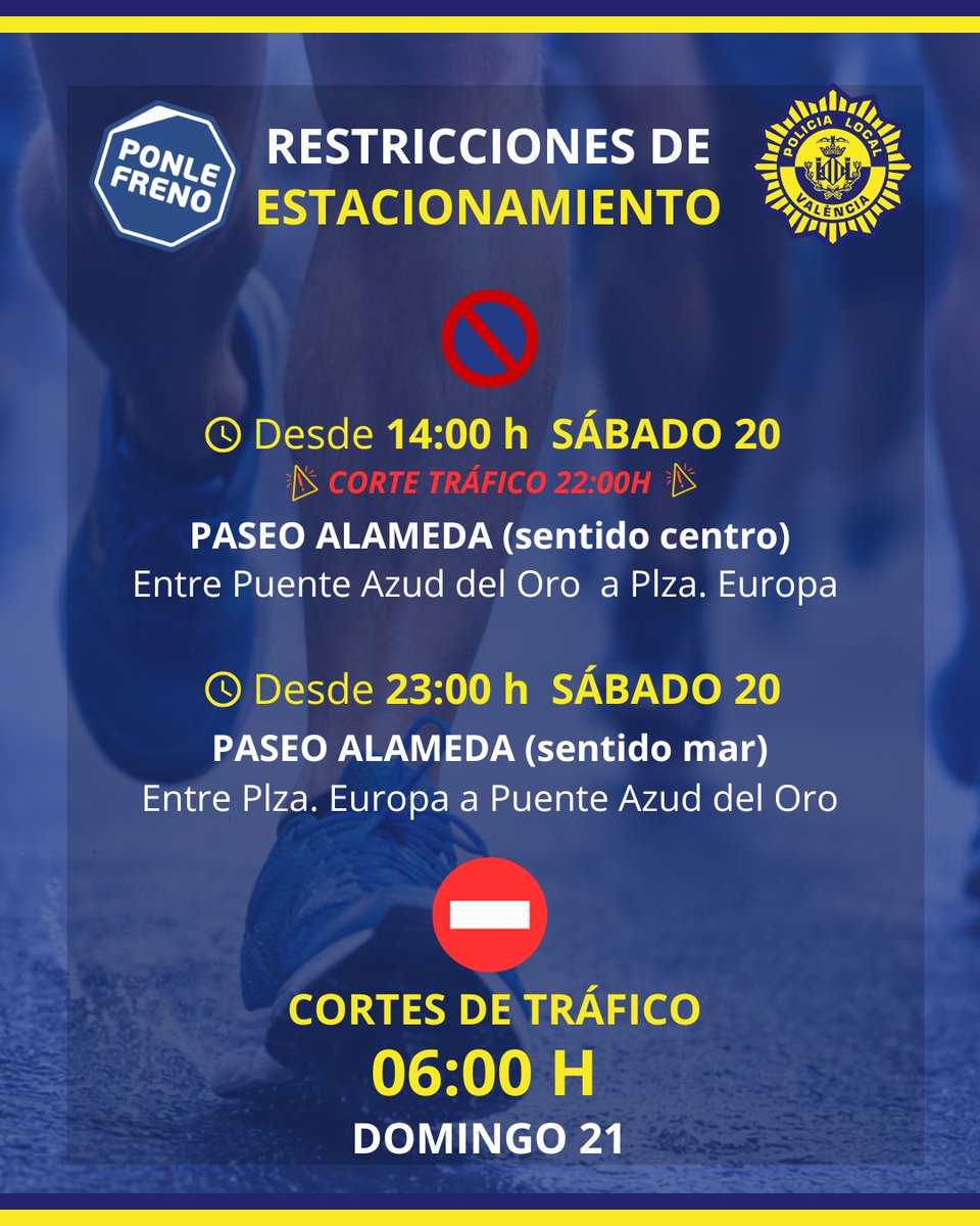 policialocalvlc's tweet photo. 🏃‍♀️#PonleFrenoValencia | 21 de junio | 🕣08:30 h.
📍Paseo de la Alameda. 
🚫 Restricción de estacionamiento desde el sábado 20 a las 14:00 h en la zona Alameda. 
⭕️  Cortes de tráfico el día de la prueba desde las 06:00 h. https://t.co/XH4Gs59kMl
