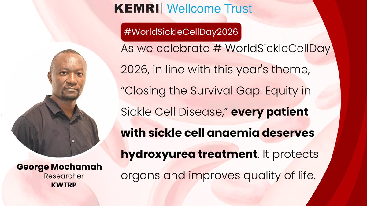 KEMRI_Wellcome's tweet photo. As we mark #WorldSickleCellDay2026, we join the call to close the survival gap through equitable access to diagnosis, treatment, and long-term care. As George Mochamah highlights, every patient deserves equitable access to effective treatment to improve the quality of their lives. #ClosingTheSurvivalGap #SickleCellDisease #WSCD2026