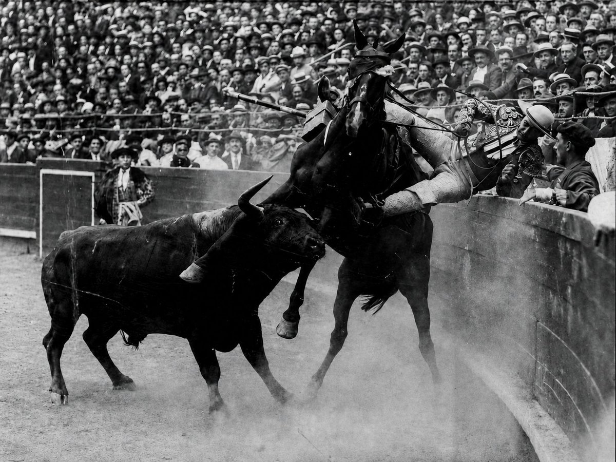 Samsa2111's tweet photo. La aparición del peto, y su posterior desarrollo descontrolado, cambiaron el centro de gravedad de la corrida: el toro pasó de victimario a víctima. Y el heroico oficio de picador, como estos de aquí, fue degenerando en ejecutor de un trámite deslucido y cada vez menos relevante. https://t.co/oCBKLs36KV