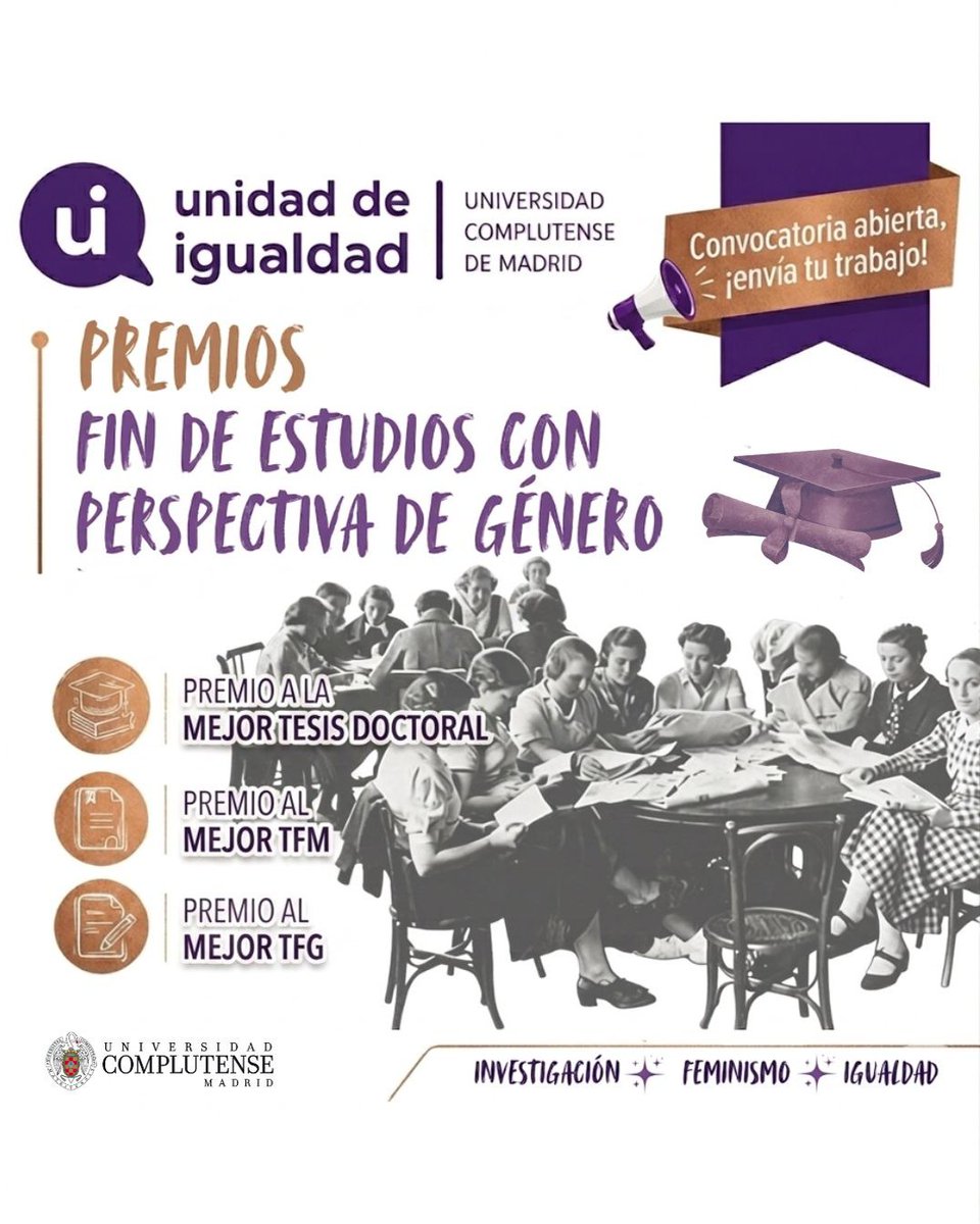 InstifemUCM's tweet photo. 📢 ¡Abierta la convocatoria de Premios fin de estudios con perspectiva de género de la Unidad de Igualdad @UCM!
🗓️ Plazo: Del 19 de junio al 16 de julio.
Bases e inscripciones aquí 👇 🔗 Tesis: https://t.co/T6ggHkgPoa🔗 TFG/TFM: https://t.co/xUv5hRFx51🔗 https://t.co/1iaYQc2rkg