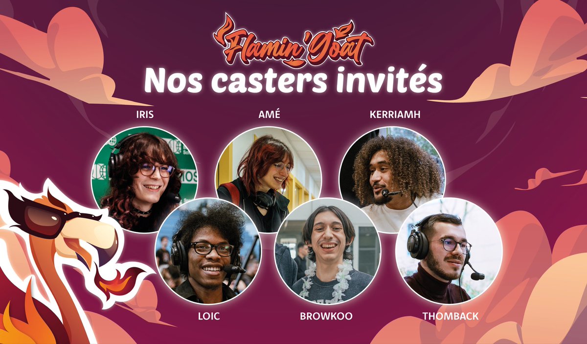 SmashALez's tweet photo. 🦩 LES CASTERS DU FGX 🦩

Sans eux, l’évènement ne serait pas aussi goatesque 🎙️

Voici la ligne up de nos casteurs pour le Flamin’Goat X : 

🎙️ @Iris_9900FF 
🎙️ @Amelia_mp3 
🎙️ @kerriamh
🎙️ @Browkoo
🎙️ @loicsamaaa 
🎙️ @Thomback_fr https://t.co/CdTbGXqewq