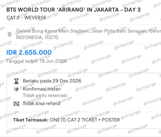 chaorge's tweet photo. wts / want to sell arirang jakarta day 3 presale

🎫 cat 2 (1 tix only)
price : 3.5 jt 

✅ 100% trusted
✅ diurus sampe fisik
✅ fullpay only
✅ serious buyer only
✅ req any proof 

reply / dm for claim yaa

t. bts wts wtb arirang jakarta jkt day 3 presale https://t.co/8r9MhJqmlx