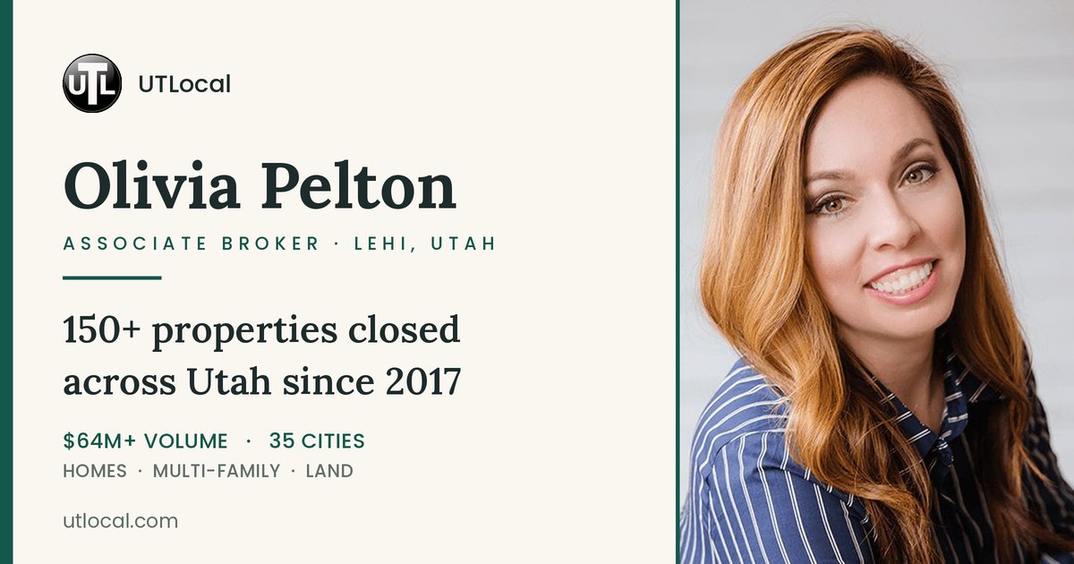 UTLocal's tweet photo. How do you know an agent has actually done the work? Olivia Pelton has closed 150+ properties across 35 Utah cities since 2017 — and the record updates live. See it: https://t.co/SY8BShhiCx #UtahRealEstate #WasatchFront #Lehi https://t.co/C28Kcw5b7D