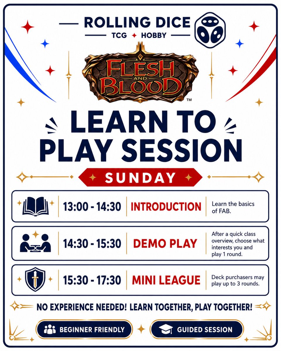 rdh_hobby's tweet photo. Flesh and Blood journey starts here! ⚔️

Learn Flesh and Blood directly from Dan, FAB official Judge!

No experience needed—just come ready to learn, play, and meet the community. Pick a deck, stay for the Mini League!

Learn together. Play together. Outroll the Dice with us! https://t.co/u8R99HQk0S