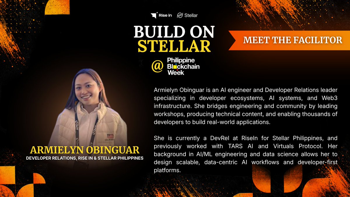 PHI_Stellar's tweet photo. 👩‍💻Meet the Facilitator: Armi

AI Engineer and DevRel at Rise In x Stellar Philippines, Armi will guide builders through Stellar &amp; Soroban and help you start building real-world Web3 applications.

📍Build on @StellarOrg @ PBW – Day 1: Builder Day

See you at PBW!

#BuildOnStellar https://t.co/CVGX6pwuDF