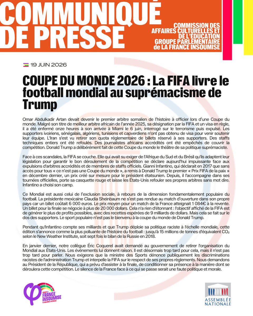 FiAssemblee's tweet photo. 🔴📄 COUPE DU MONDE 2026 : La FIFA livre le football mondial au suprémacisme de Trump !

➡️ Communiqué des député·es LFI de la commission des affaires culturelles et de l'éducation. https://t.co/TAui9R3lqp