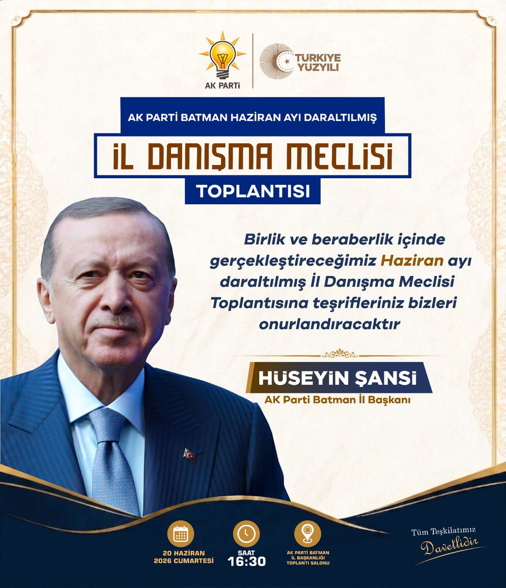 72akpartibatman's tweet photo. 📍AK Parti Batman İl Başkanlığı

Haziran Ayı Daraltılmış İl Danışma Meclisi Toplantımızı, 20 Haziran Cumartesi günü saat 16.30’da İl Başkanlığımızda gerçekleştireceğiz.

Teşkilatımızın ortak aklı, istişare kültürü ve güçlü birlikteliğiyle çalışmalarımızı değerlendirecek, önümüzdeki dönemin yol haritasını birlikte şekillendireceğiz.

Tüm teşkilat mensuplarımız davetlidir.

📅 20 Haziran Cumartesi
🕔 16.30
📍 AK Parti Batman İl Başkanlığı Toplantı Salonu

#AKPartiBatman #TürkiyeYüzyılı #OrtakAkıl #İstişare
