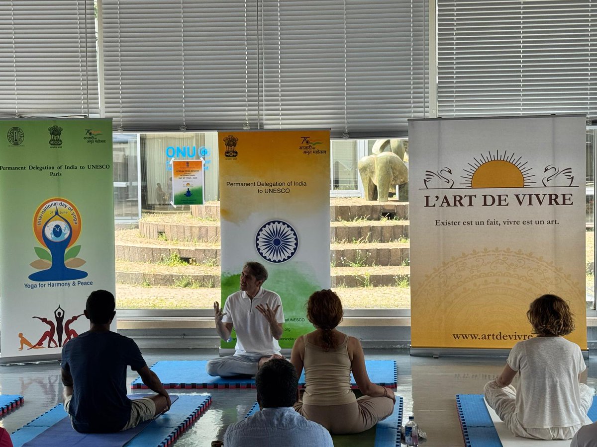 IndiaatUNESCO's tweet photo. The Permanent Delegation of India to UNESCO observed the 12th International Day of Yoga 2026 today at the UNESCO Bonvin premises and celebrated the occasion with a guided yoga session with  the Art of Living, France @artofliving. The session was attended by members of the different Permanent Delegations of different countries in UNESCO, and friends of India from all walks of life.
#IDY2026 #YogaForHealthyAgeing #InternationalDayOfYoga2026

@VishalVSharma7