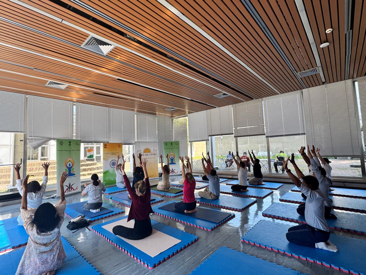 IndiaatUNESCO's tweet photo. The Permanent Delegation of India to UNESCO observed the 12th International Day of Yoga 2026 today at the UNESCO Bonvin premises and celebrated the occasion with a guided yoga session with  the Art of Living, France @artofliving. The session was attended by members of the different Permanent Delegations of different countries in UNESCO, and friends of India from all walks of life.
#IDY2026 #YogaForHealthyAgeing #InternationalDayOfYoga2026

@VishalVSharma7