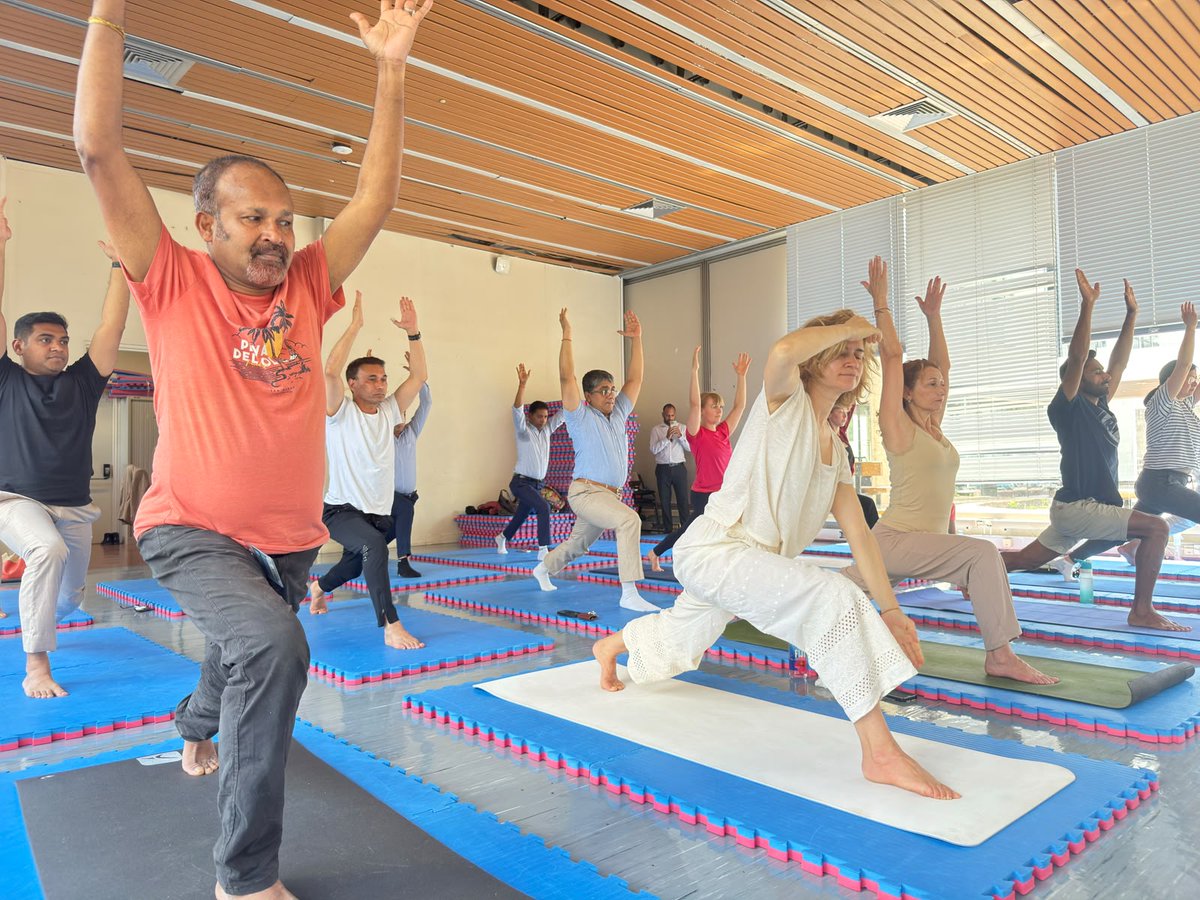 IndiaatUNESCO's tweet photo. The Permanent Delegation of India to UNESCO observed the 12th International Day of Yoga 2026 today at the UNESCO Bonvin premises and celebrated the occasion with a guided yoga session with  the Art of Living, France @artofliving. The session was attended by members of the different Permanent Delegations of different countries in UNESCO, and friends of India from all walks of life.
#IDY2026 #YogaForHealthyAgeing #InternationalDayOfYoga2026

@VishalVSharma7
