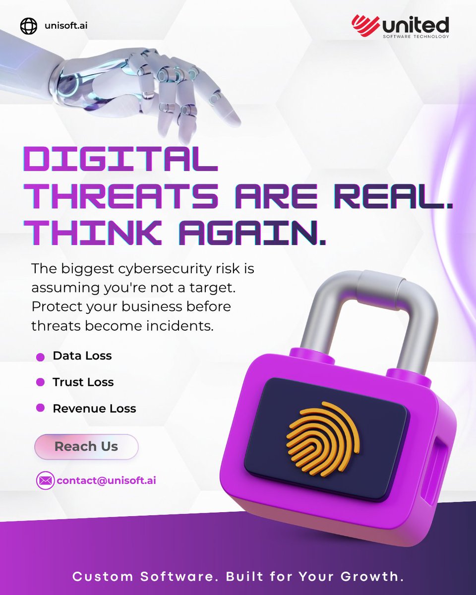 uni_software's tweet photo. The biggest cybersecurity risk?

Believing your business isn't a target.

Cyberattacks can result in:
  - Data Loss
  - Trust Loss
  - Revenue Loss
Digital threats are real. Is your business prepared?
#CyberSecurity #CyberRisk #DataProtection #DigitalSecurity https://t.co/o15eknNdJb
