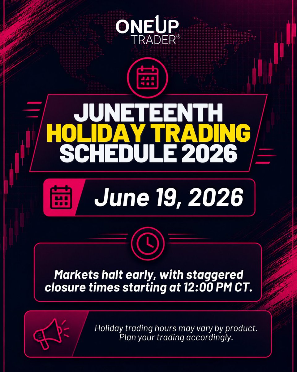 OneUpTrader's tweet photo. Juneteenth Holiday Trading Schedule 2026🔔

Please be advised of changes to the trading schedule for the June 19th holiday.

📅 Check the full schedule here:
https://t.co/jbIubsLrpN

Plan your trades accordingly and avoid disruptions. Stay informed and trade wisely. https://t.co/5fKrp8VKt0