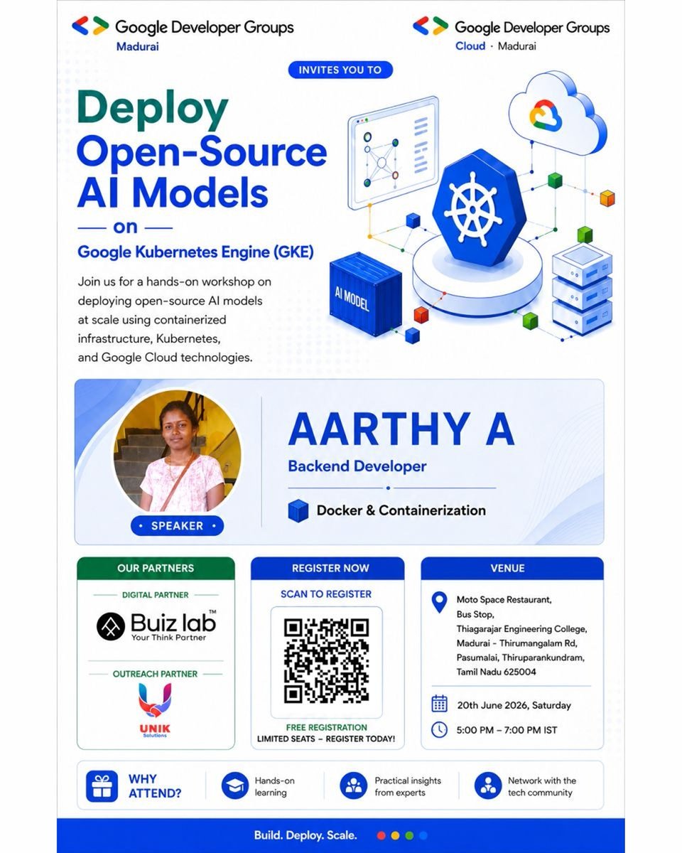 Buizlab's tweet photo. Empowering Innovation with Open-Source AI | Build. Deploy. Scale The future belongs to those who keep learning and building #Buizlab #GoogleDeveloperGroups #GDGMadurai #GoogleCloud #ArtificialIntelligence #OpenSourceAI #Kubernetes #CloudComputing #TechCommunity #BackendDeveloper https://t.co/hZZbNByfNP