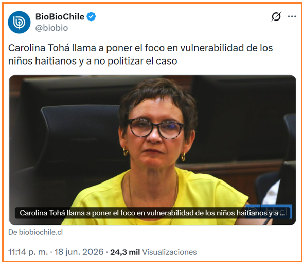 sergiou01329861's tweet photo. Miren a esta cara de palo.
Ella, la que siendo ministra del interior no hizo nada, llama a no politizar el caso.
Ahora le bajó el amor por los niños haitianos después de mirar para otro lado durante 4 años.
Queremos responsables y que de una buena vez se haga justicia en Chile. https://t.co/6lIw2chlhF