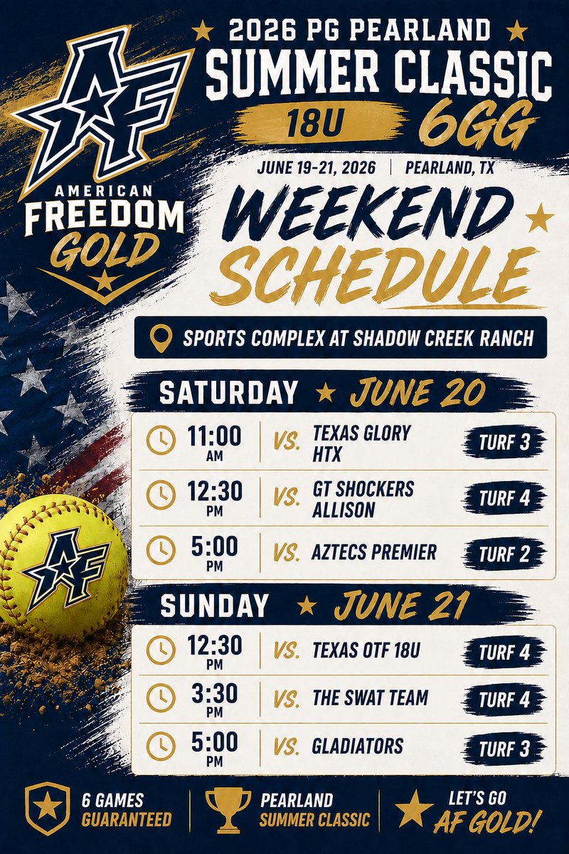 AFBVGOLD18U's tweet photo. 🔥Schedule is set, and our ladies are ready to showcase their talents this weekend at the Perfect Game Summer Classic Showcase in Pearland!🔥 #afbvgold #strongaf #PGsoftball https://t.co/0Cb8LbJibb