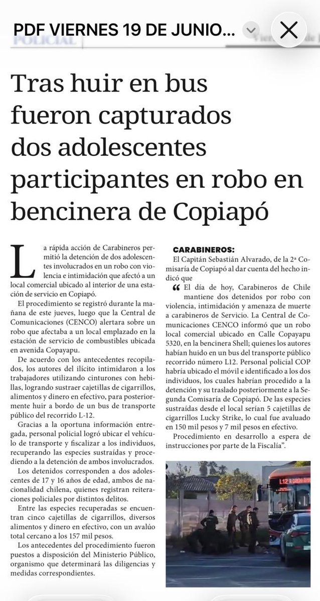 CarabIIIRegion's tweet photo. El rápido actuar del personal de la 5ª Comisaría #COP fue clave en la detención de los adolescentes que participaron en el robo con violencia e intimidación a una bencinera de Copiapó. 
Noticia destacada en la prensa regional y RRSS👇
#OrdenyPatria https://t.co/48uTyQHDyE