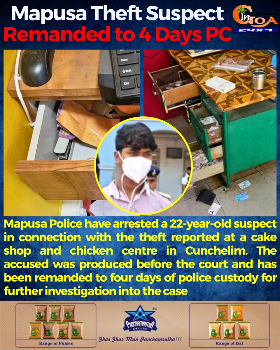 InGoa24x7's tweet photo. Mapusa Theft Suspect Remanded to 4 Days PC
#Goa #GoaNews #Suspect #Remand #MapusaTheft https://t.co/pWmBqwwTeo