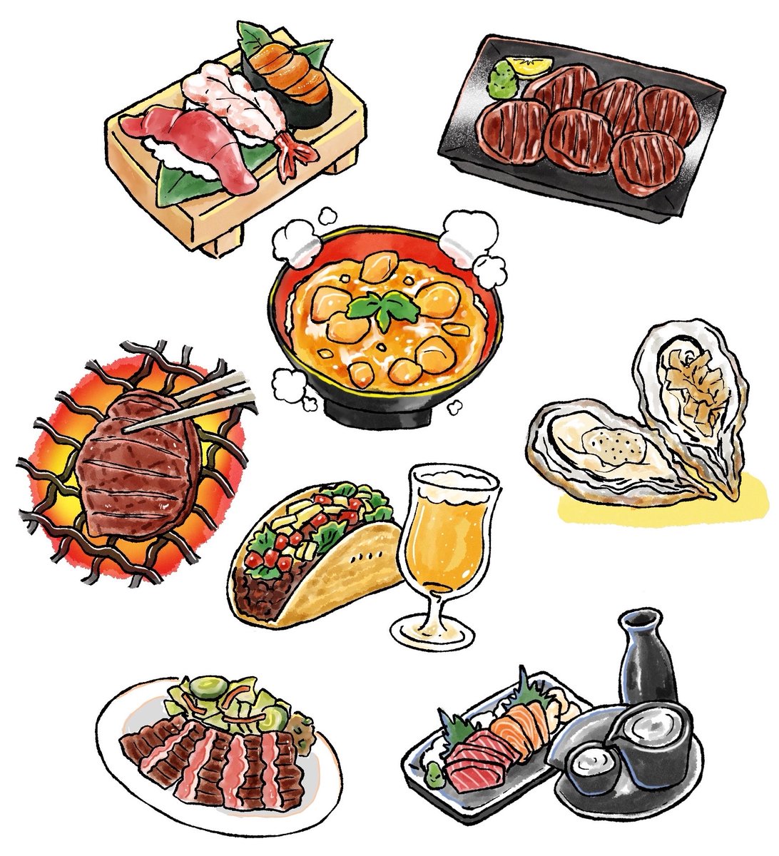HyperMomomilk's tweet photo. 仙台S-PALさま× S-style さま
食いしんぼ手帳

シールイラストを担当させていただきました。

美味しそうに生き生き気持ちを込めて描きました！
ぜひチェックしてみてください！
🍣🍖🐟 https://t.co/xYeaNfmoRf