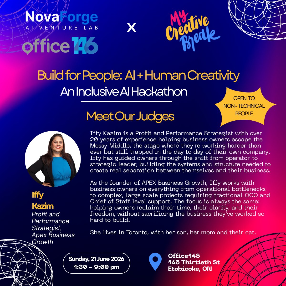 AiNovaforge's tweet photo. ⚡ Meet one of our judges for Build for People: AI + Human Creativity!

We're excited to welcome ⭐️ Iffy Kazim to the judging panel for Build for People: AI + Human Creativity, an inclusive AI hackathon hosted by NovaForge AI Venture Lab Inc. and My Creative Break. https://t.co/WYb2G883gf