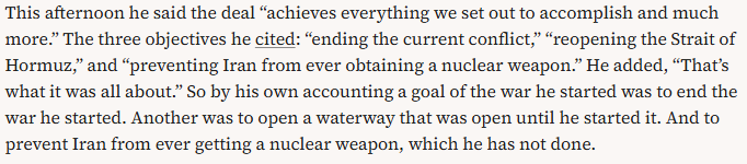Chad1320's tweet photo. This was another terrible example of how Congress giving up its rightful power (and Trump usurping it) hurt his credibility: There was no time spent in the public square arguing for the necessity of this war. So, when the war ends with this supposed deal, we get this nonsense: https://t.co/NsekO8aADA