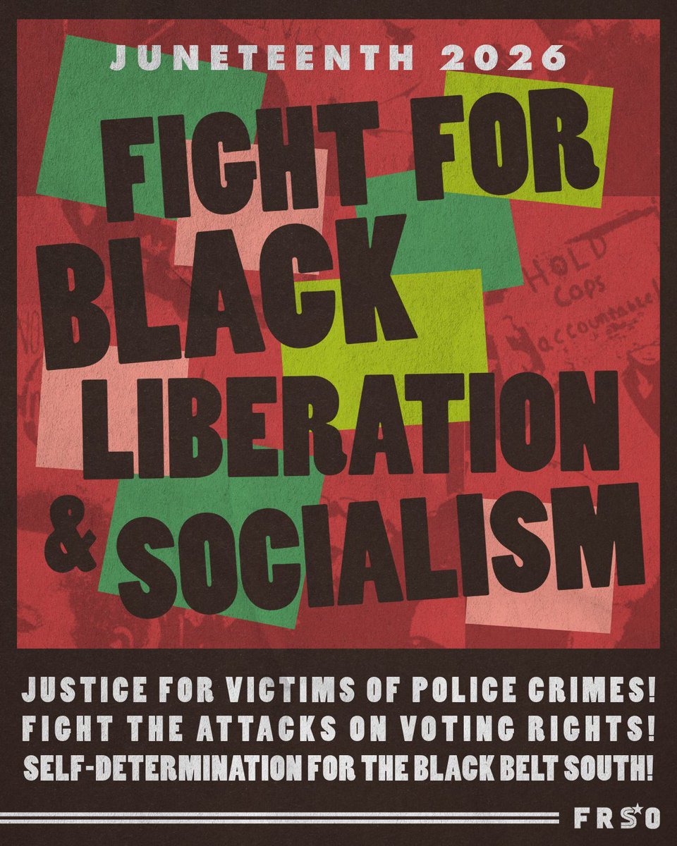 freedomroadorg's tweet photo. Juneteenth is a day to honor and celebrate the long history of struggle for Black liberation in this country, particularly the defeat of the brutal regime of chattel slavery in the American South. But to borrow a phrase from the great Black communist Harry Haywood, we all know that the shadow of the plantation still looms over the present. 

Mass incarceration, police terror, economic deprivation, and attacks on the democratic rights of Black people are still widespread across the U.S. - especially so in the Black nation, also known as the Black Belt South. Just this week, the murder of Black 1-year-old Kohen Wiley by the police in Mississippi speaks to the sheer depravity of this ongoing national oppression. 

We need an end to this, and it can't happen through a few reforms or tweaks here and there - we need to strike at the root of Black oppression, which means to upend monopoly capitalism through revolution. This Juneteenth, build the struggle for Black liberation and socialism!