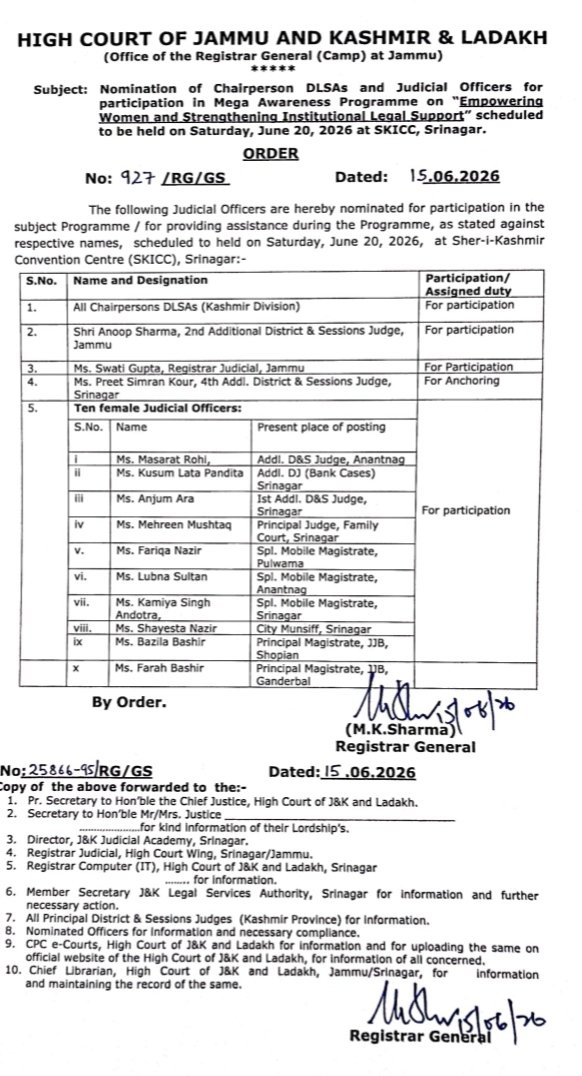 h_pongilath's tweet photo. Order regarding Nomination of Chairperson #DLSA 's &amp; Judicial Officers for participation in Mega Awareness Programme on "Empowering Women &amp; Strengthening Institutional Legal Support" scheduled to be held on Saturday, June 20, 2026 at #SKICC #Srinagar 
#JammuandKashmir #Ladakh https://t.co/cgooHBGB0M