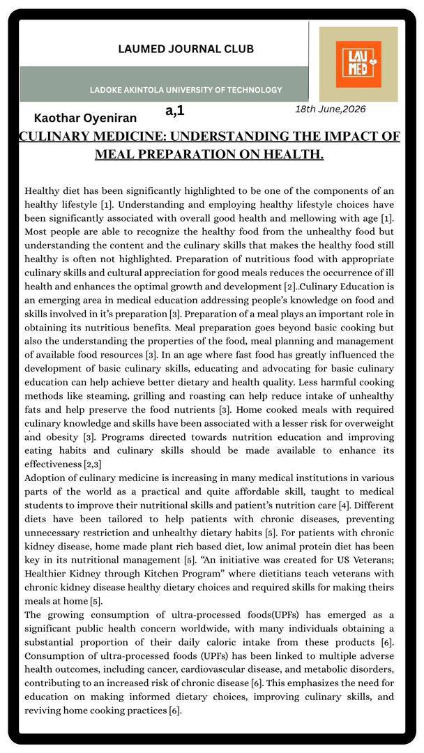 LaumedC's tweet photo. Our weekly article proudly presents this piece by Kaothar Oyeniran on CULINARY MEDICINE: UNDERSTANDING THE IMPACT OF MEAL PREPARATION ON HEALTH.
Enjoyyyyy✨🧡

More is definitely better….✨
LAUMED JOURNAL CLUB https://t.co/tW9igL8q30
