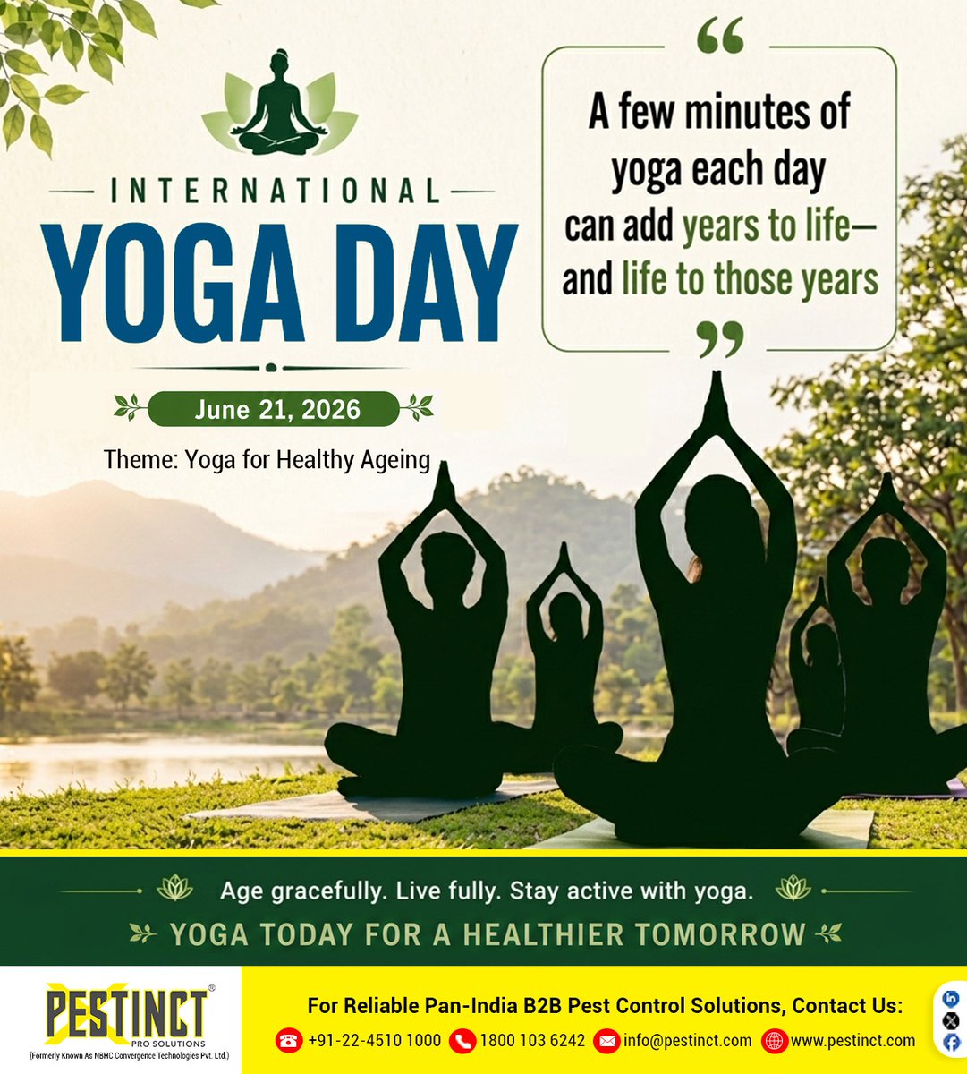pestinct's tweet photo. 🧘‍♂️ #InternationalYogaDay2026 | 21st June
A few minutes of #yoga each day can add years to life—and life to those years.

As we celebrate this year's theme, "#YogaForHealthyAgeing," let us embrace #wellness, #balance, and #MindfulLiving for a healthier future. https://t.co/5wi2Sv4SdZ