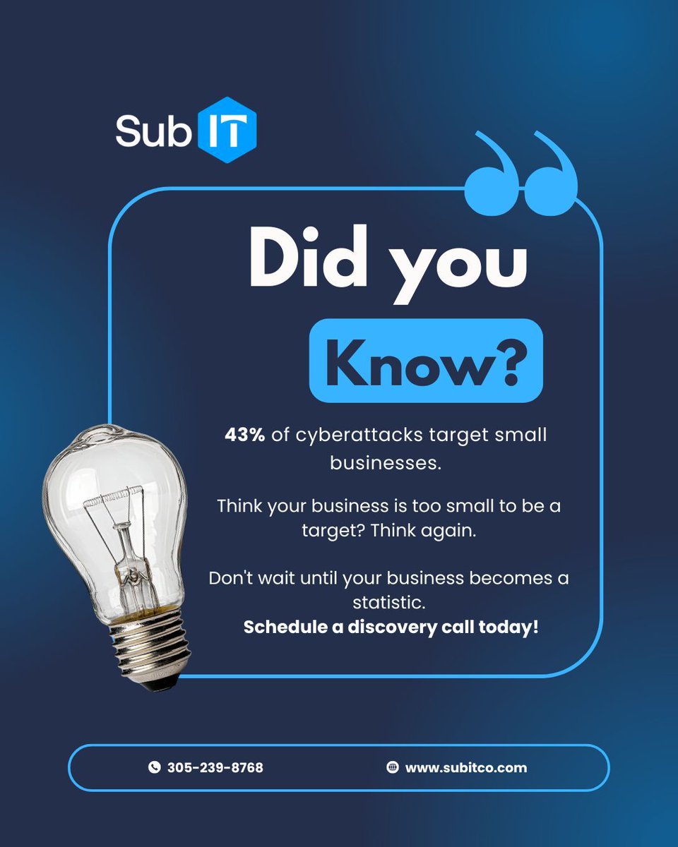 subIT_'s tweet photo. 43% of cyberattacks target small businesses.
Think your company is too small to be a target? That's exactly what many attackers count on.

Protect your operations, data, and reputation with a proactive IT strategy.

📞 305-239-8768

#Cybersecurity #SmallBusiness #ManagedIT #SubIT https://t.co/VubmuSGj8m